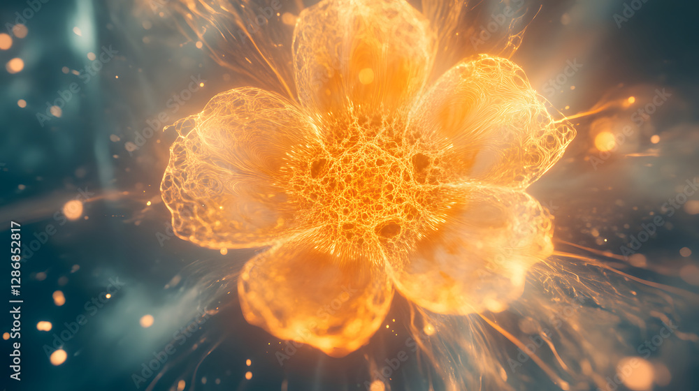 Poster close up of a glowing flower with sparks creating a surreal and vibrant atmosphere in a dark backgro