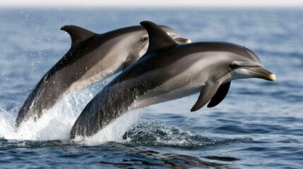 Naklejka premium Dolphins gracefully leap through the shimmering ocean waves, capturing the essence of freedom and exhilaration in their natural habitat.