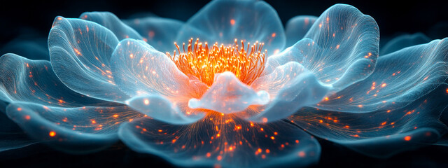 Obraz premium Glowing luminous flower. A vibrant flower glows against a dark background, showcasing intricate petals and luminous stamen details.
