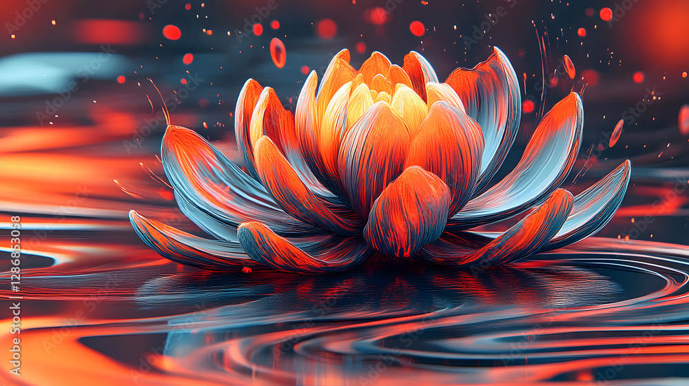 Poster flower floating in water with surreal reflection and soft colors in a calm environment