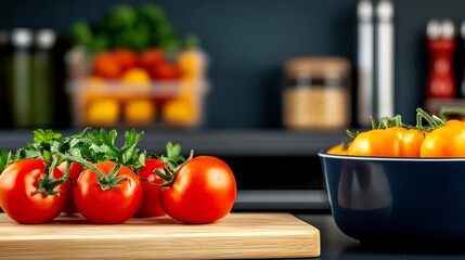 Bowl of tomatoes sits on a wooden cutting board. The bowl is filled with a variety of tomatoes, including some that are sliced. The cutting board is placed on a countertop