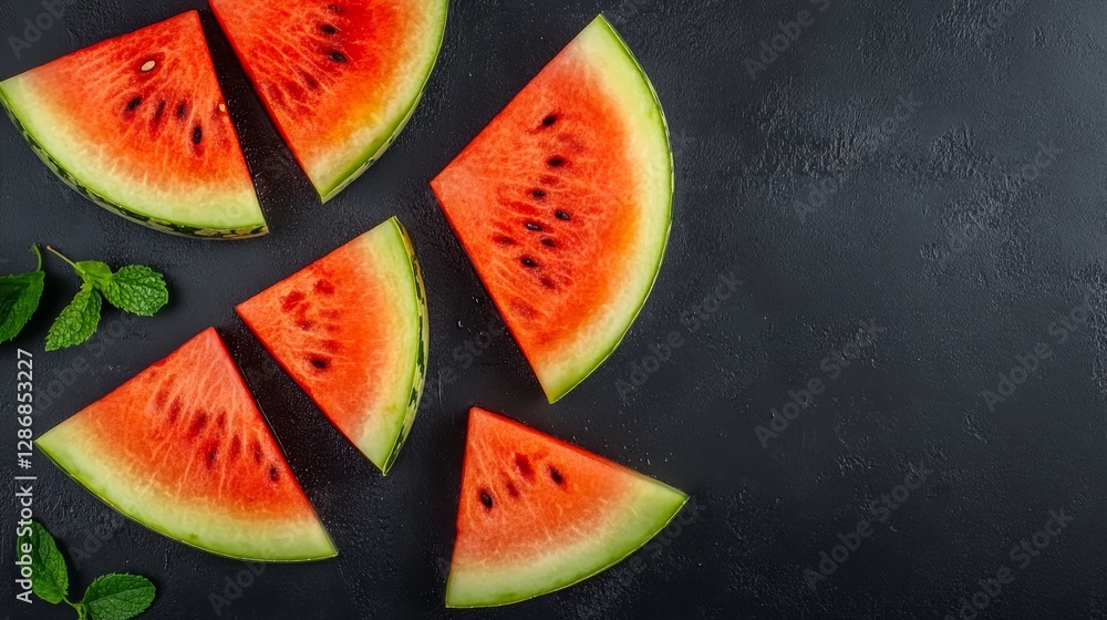 Poster close up of watermelon slices on a black background. the slices are cut in half and arranged in a wa