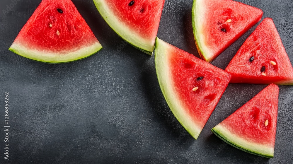 Poster close up of a watermelon with the slices cut out. the slices are arranged in a row on a black surfac