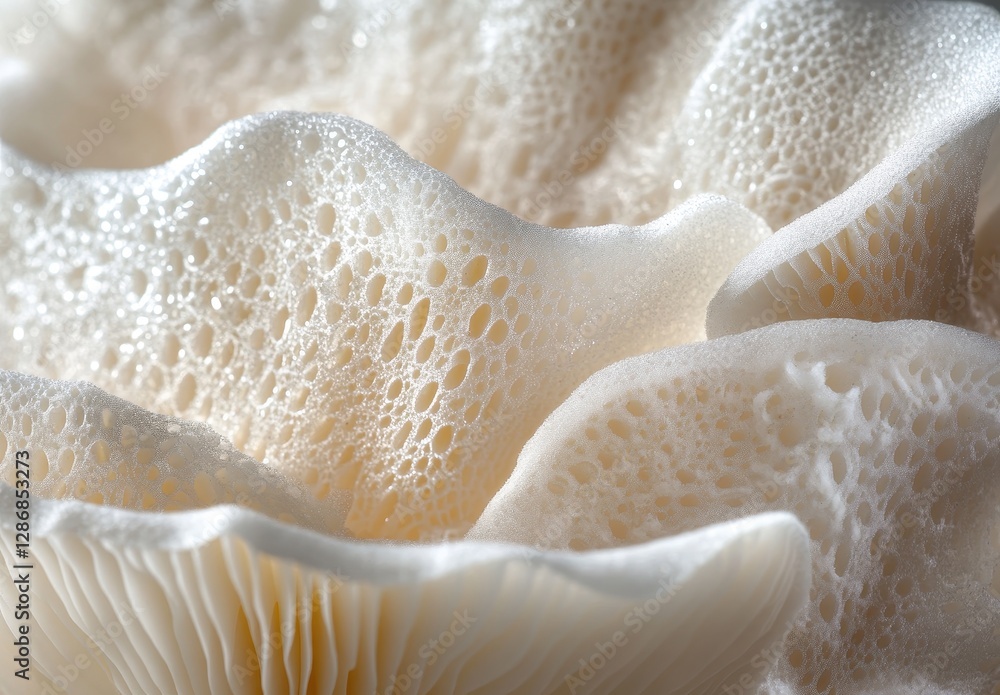 Poster delicate macro view of organic white mushroom gills in soft focus, showcasing textures and patterns 