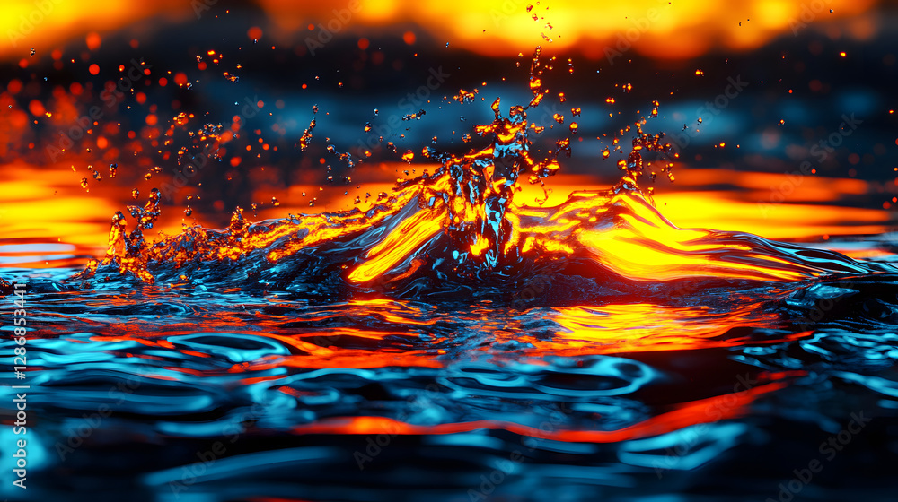 Poster abstract splash of water on a surface with blurred tulip flower in the background creating a surreal