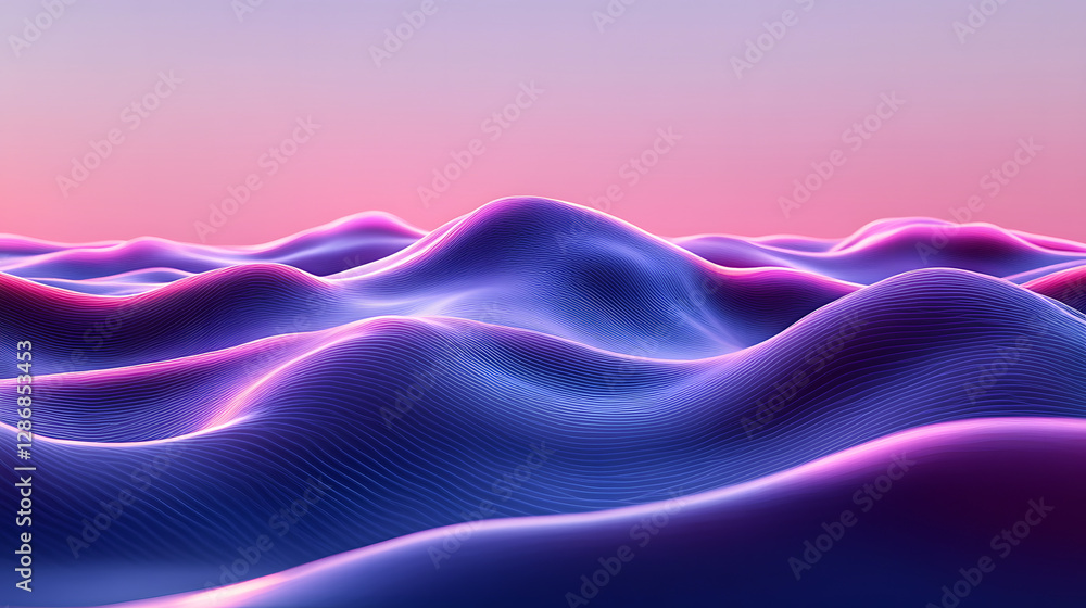 Poster computer screen displaying a wave pattern with abstract shapes and colors in a surreal artistic comp