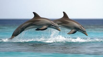 Fototapeta premium Two dolphins soar elegantly over the serene blue ocean, showcasing their agility and freedom, creating a mesmerizing, natural spectacle.