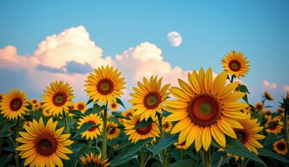 Fototapeta premium Sunflowers bloom under a vibrant sky with a full moon and clouds during sunset