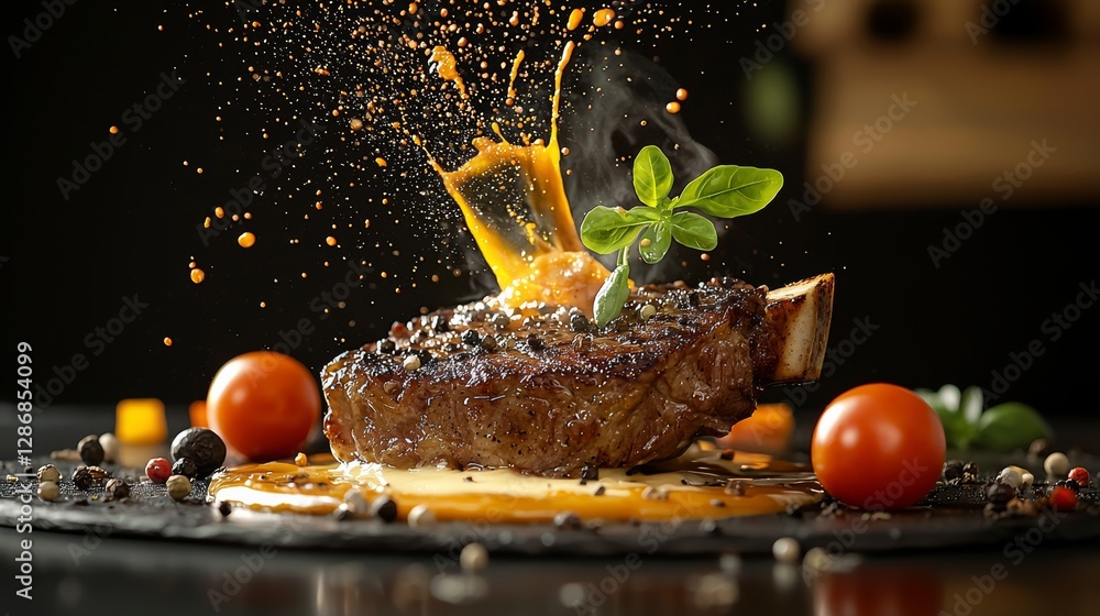 Poster steak with a sauce drizzled on top and a tomato slice on the side. the sauce is orange and the steak