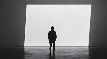 Obraz premium a solitary man in a dark room stands before a large glowing white panel casting a striking contrast between light and shadow 