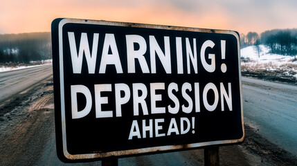 Gloomy winter landscape, road sign reading Warning! Depression Ahead
