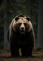 Fototapeta premium Powerful Brown Bear Standing in Dense Forest Looking Directly at Camera, Majestic Wildlife Shot in Natural Habitat.