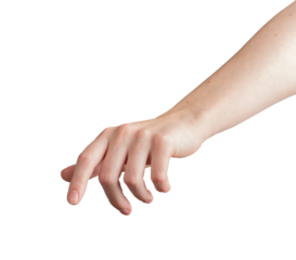 Female hand with index finger outstretched, pointing downward as if pressing or selecting an invisible button. Gesture symbolizing touchscreen interaction, decision-making, or digital selection.