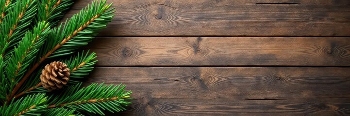 Naklejka premium Wooden planks with evergreen branches and pinecones on a rustic wooden background, cozy atmosphere, pinecones