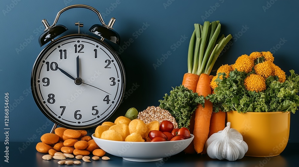 Poster clock is set to the time of 10:00. a bowl of vegetables is on a table next to the clock