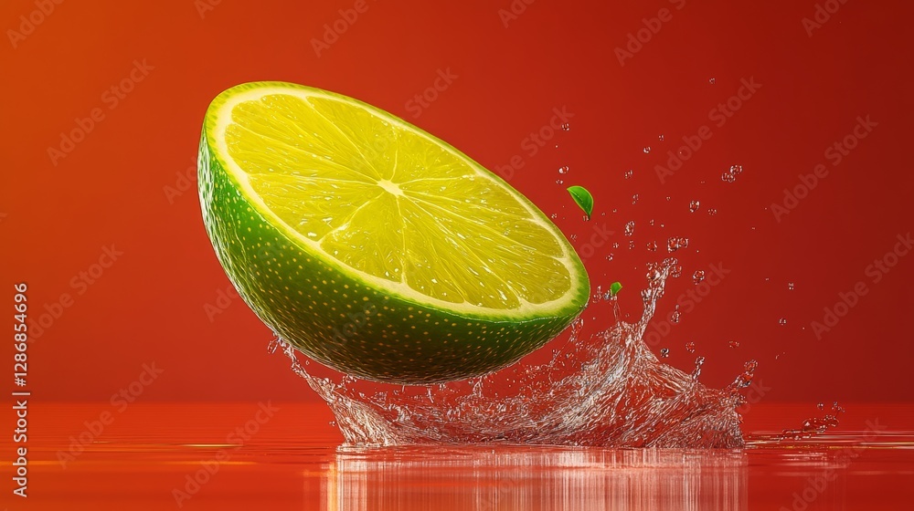 Poster lime is sliced in half and is floating in a pool of water. the lime is surrounded by a splash of wat