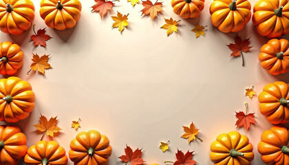 Autumn Harvest Pumpkins and Fall Leaves on Beige Background Thanksgiving Design
