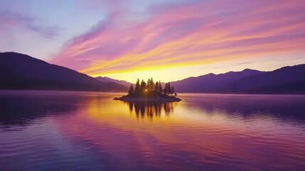 Obraz premium Island Trees Reflecting Sunset Colors on Lake with Mountains in Background