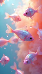 Fototapeta premium vibrant underwater scene featuring a school of delicate pink fish swimming gracefully among colorful coral, highlighting marine beauty and serenity.