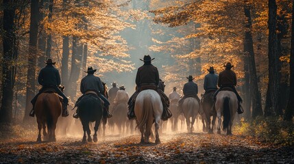Cattle drive through autumn woods with ranchers on horseback