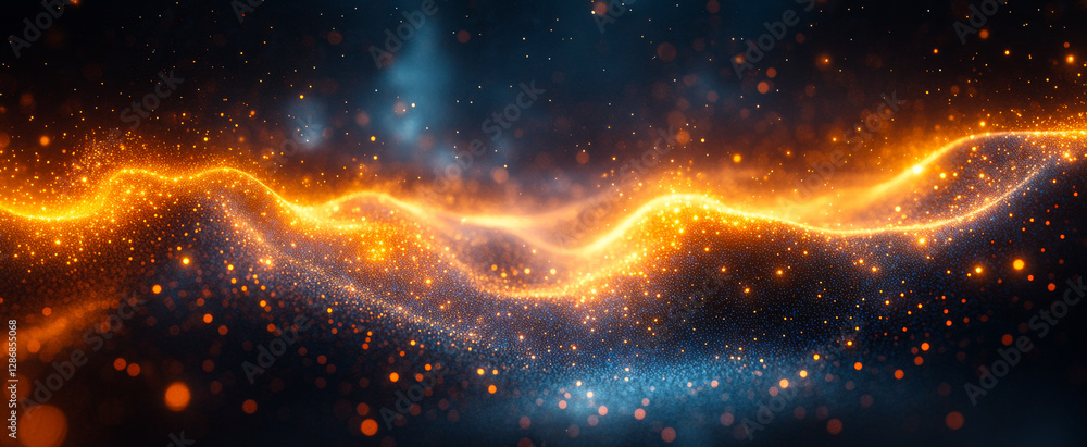 Poster vibrant waves of light and energy flow. illuminated waves of orange and blue shimmer against a dark 