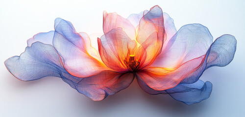 Translucent fabric flower. A vibrant flower crafted from sheer fabric with hues of red and blue, beautifully displayed against a light background.