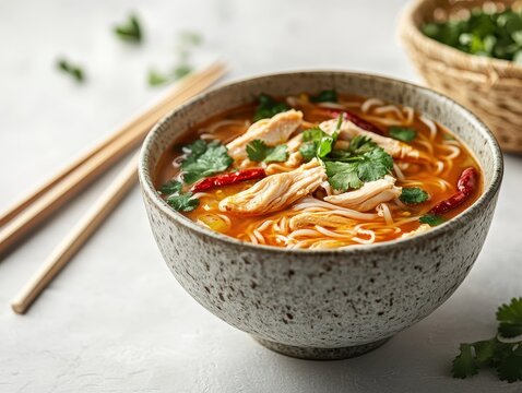Delicious Chicken Noodle Soup Served in a Rustic Bowl with Fresh Herbs and Red Chili on a Light Surface Perfect for Culinary Photography