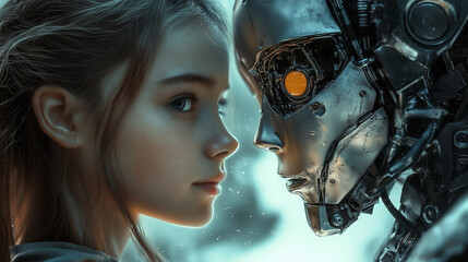 Girl with female silver cyborg