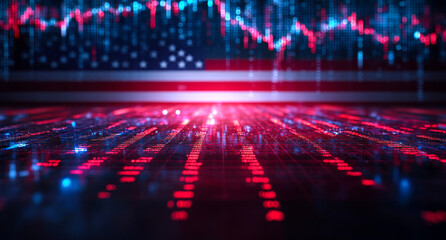 Market data on US flag. Digital charts show trading activity with the American flag, symbolizing finance and patriotism.