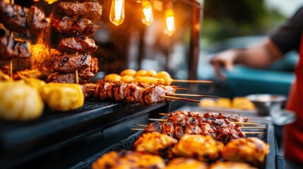 Grilling fest street food bbq delights urban marketplace food photography vibrant evening close-up culinary culture