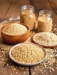 Rustic display of whole grains with raw quinoa, brown rice, and oats on wooden surface