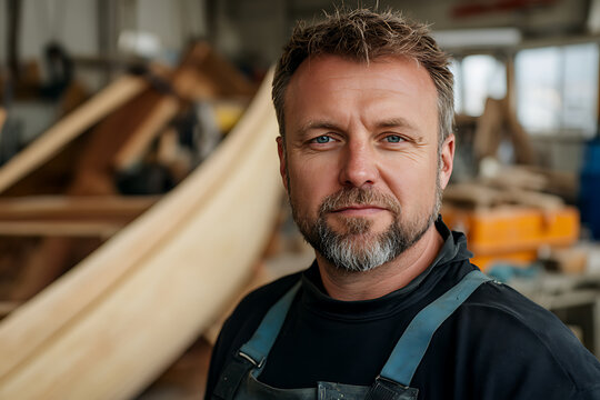 Craftsman in his Workshop: A portrait of a woodworker in his creative space, surrounded by his craft. The weathered face tells a story of dedication.