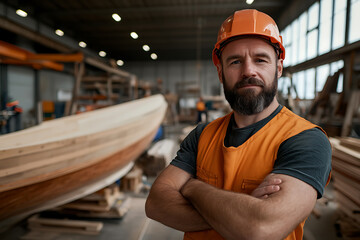 Boat Builder with Orange Hard Hat and Safety Vest at the Workshop: Focused Craftsmanship, Expertise and Professionalism in Shipbuilding Industry