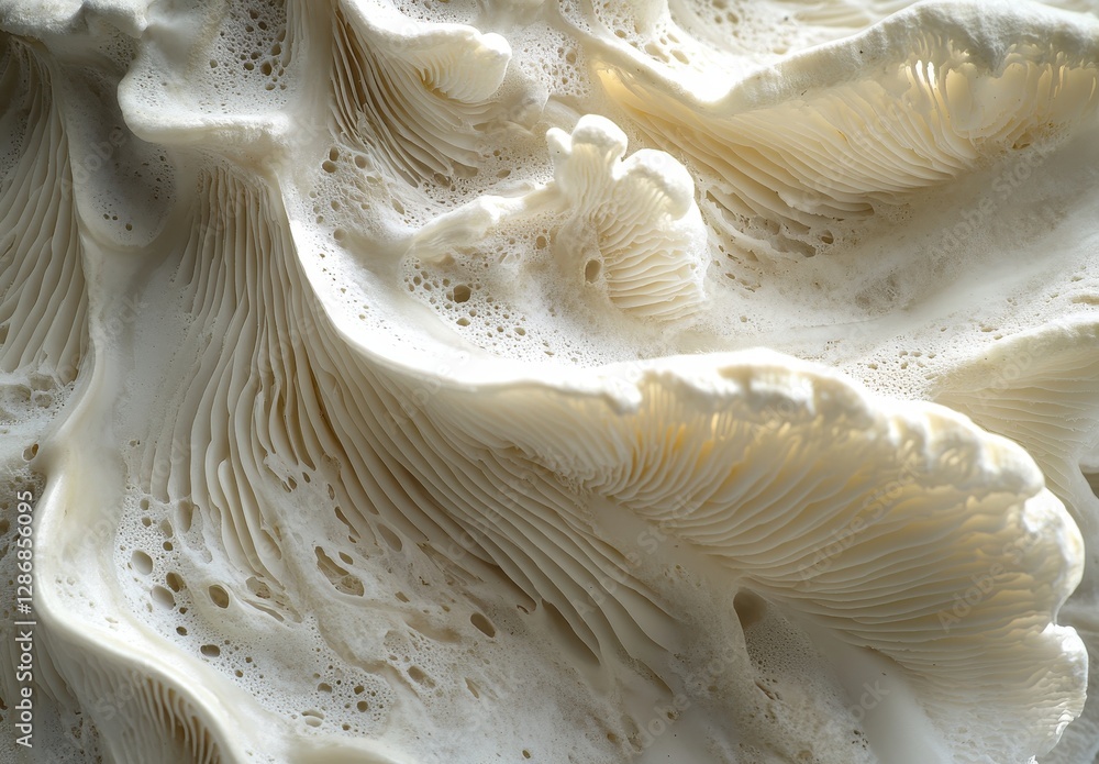Poster detailed close-up of organic textures and patterns in white mushrooms with unique structures and nat