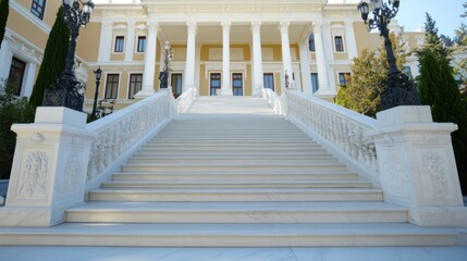 Obraz premium A majestic marble staircase with intricate railings leads to an opulent building entrance, evoking timeless elegance and grandiosity.