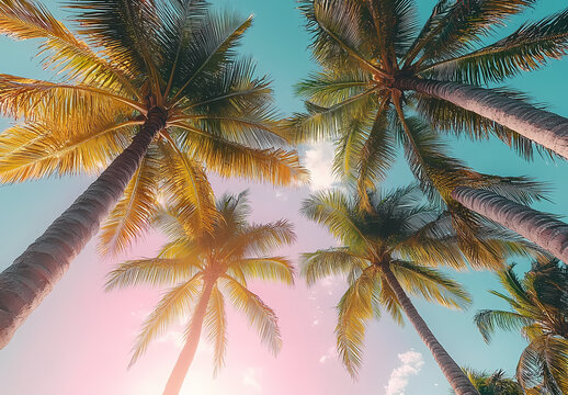 Vibrant palm trees basking in sunlight against a clear blue sky in a tropical paradise setting. Generative AI