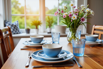 Elegant blue and white dining setting with flowers, aesthetic fun