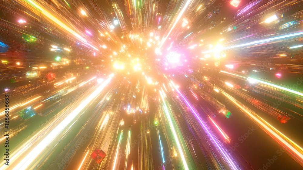 Poster colorful explosion of light and sparks creating a surreal abstract background with reflections and v