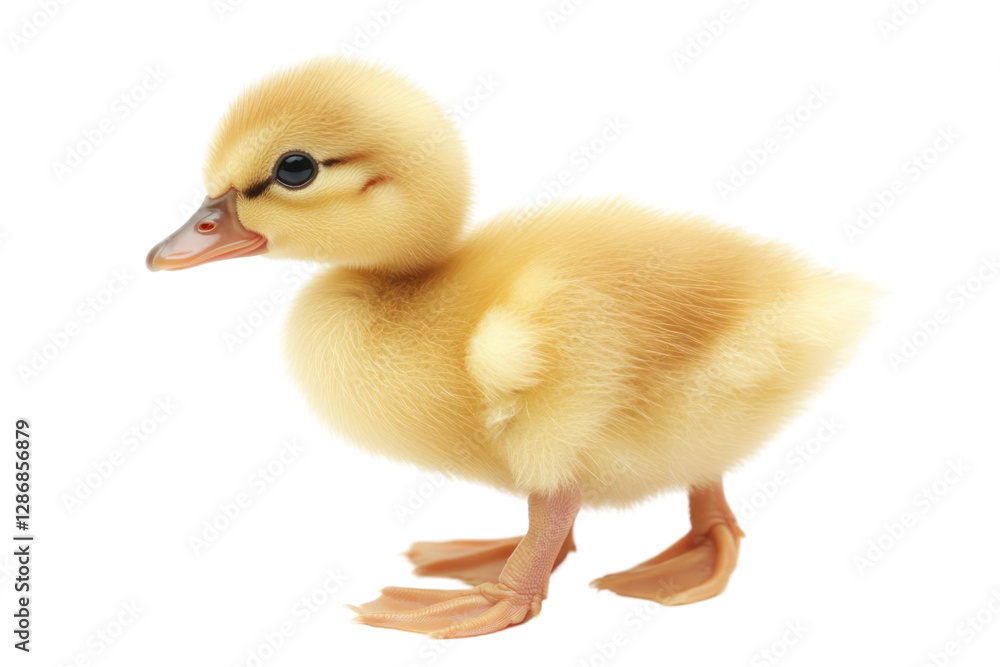 Poster close up of adorable fluffy yellow duckling with orange beak walking isolated on transparent backgro