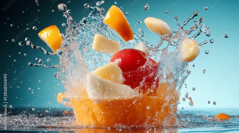 Poster splash of water is falling on a table with a red apple and orange slices. the water is splashing aro