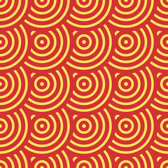 Fototapeta premium Vector Japanese seamless pattern in oriental geometric traditional style. Festive ornament for lunar chinese new year decoration. Red and golden asian creative motif. Abstract Waves and Circles.