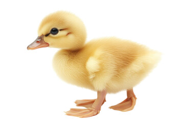Fototapeta premium Close up of adorable fluffy yellow duckling with orange beak walking isolated on transparent background. Side view with detailed feather texture. Soft lighting and high quality