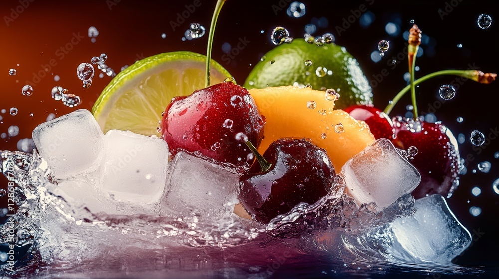 Poster fruit salad with ice cubes and cherries. the cherries are in the middle of the salad and the ice cub