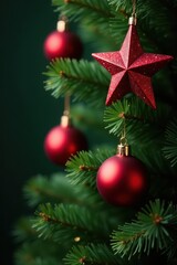 Fototapeta premium Ornate red star ornaments adorn a lush green Christmas tree , red, star ornament