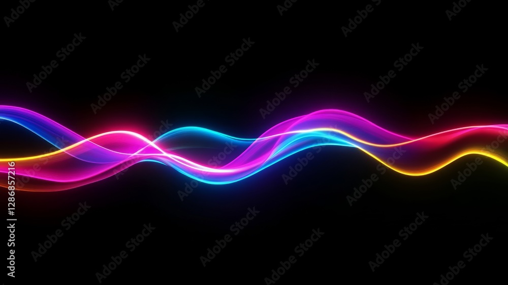 Poster futuristic 3d rendering of colorful neon wavy lines glowing in the dark, creating a vibrant abstract