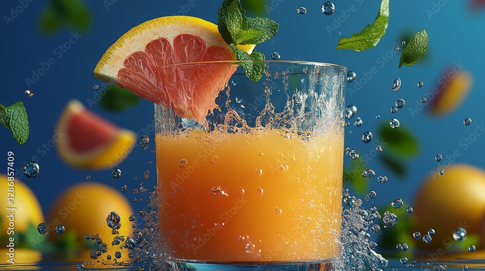 Poster glass of orange juice with a slice of grapefruit in it. the juice is splashing out of the glass and 