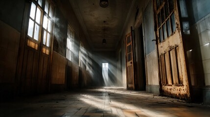 Fototapeta premium Mysterious abandoned hallway derelict building photography dimly lit perspective of shadows and light