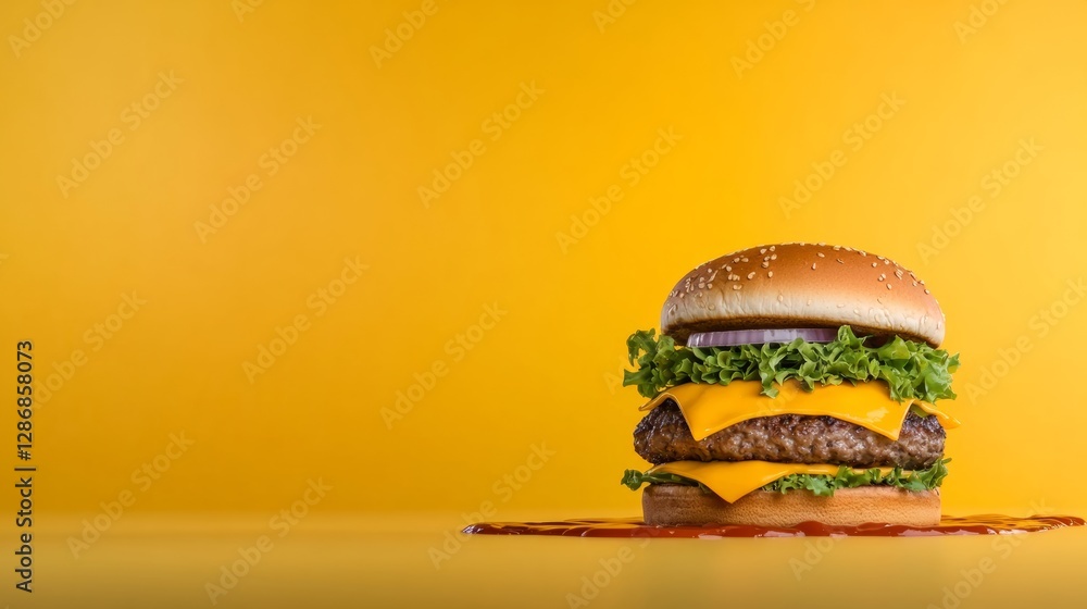 Aufkleber large hamburger with lettuce and onions on top of a yellow background. the burger is almost overflow