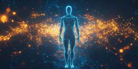 Obraz premium Surreal human silhouette constructed of molecular bond chemical structure glowing element blue gold tone ultra detailed high fidelity texture cinematic lighting flowing organic shape 8k resolution