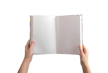 A person holding an open, blank book or notebook, showcasing clean, white pages for writing,...
